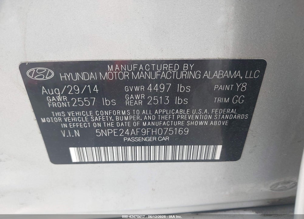 2015 HYUNDAI SONATA VIN: 5NPE24AF9FH075169