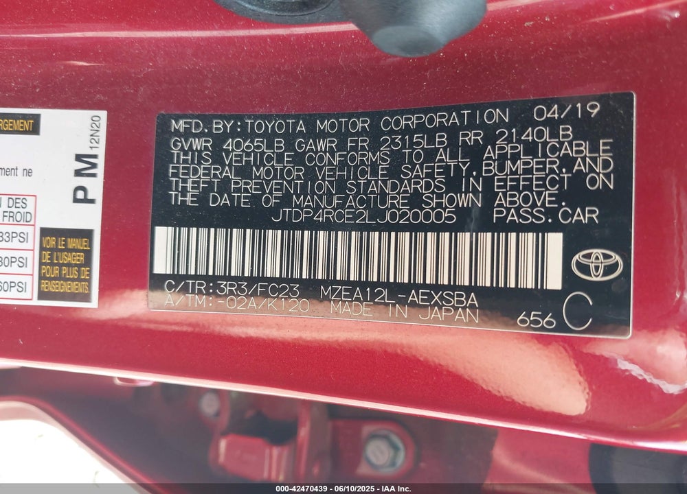2020 TOYOTA COROLLA VIN: JTDP4RCE2LJ020005