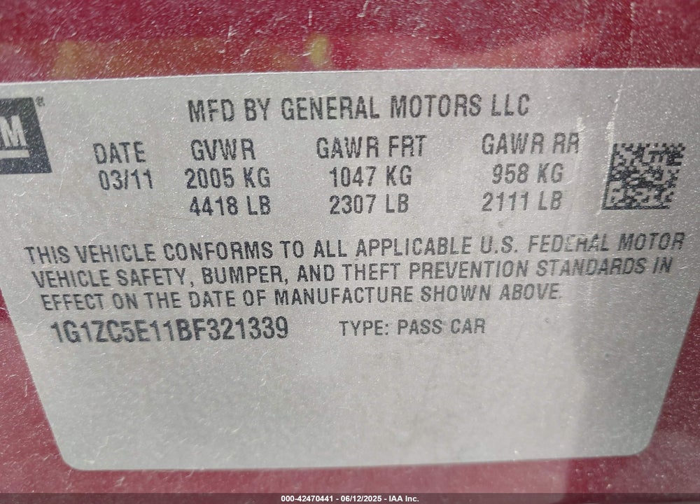 2011 CHEVROLET MALIBU VIN: 1G1ZC5E11BF321339