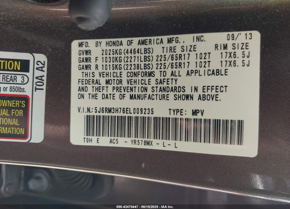 2014 HONDA CR-V EX-L VIN: 5J6RM3H76EL009235