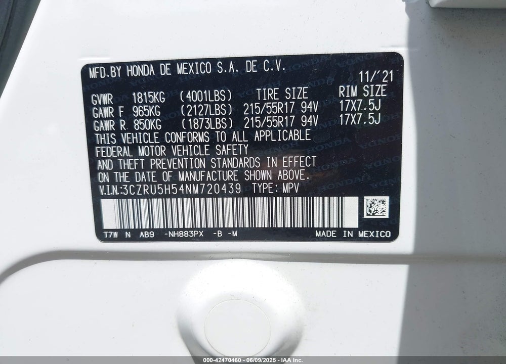 2022 HONDA HR-V VIN: 3CZRU5H54NM720439