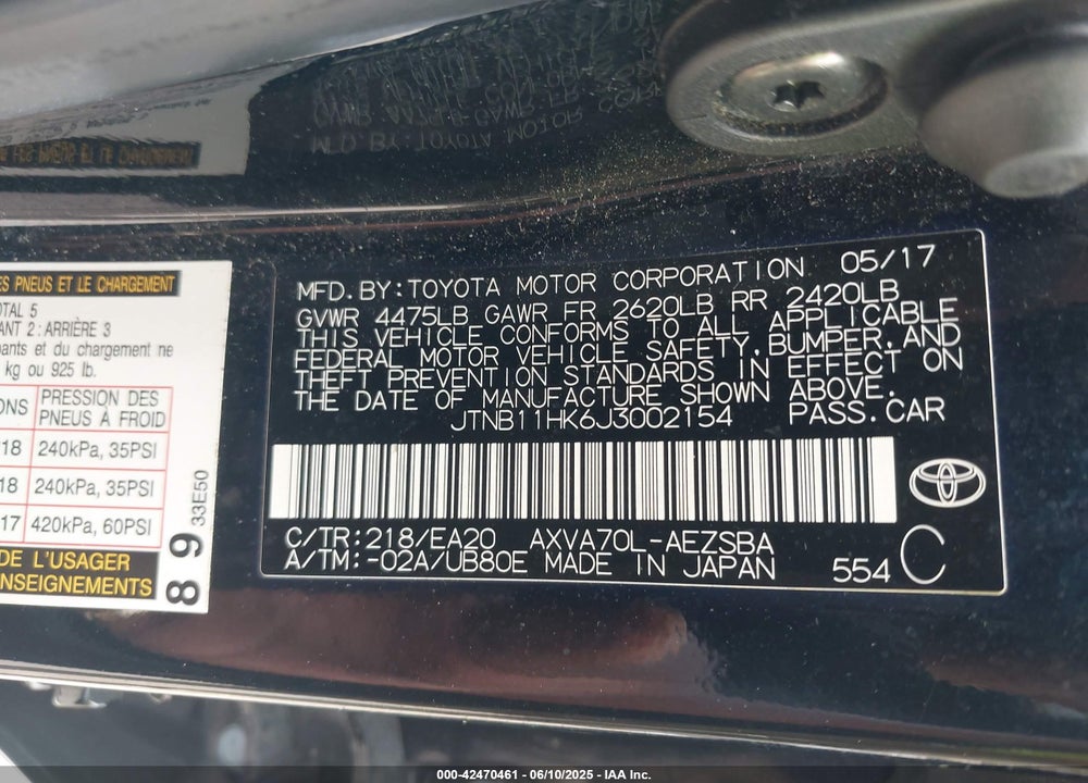 2018 TOYOTA CAMRY VIN: JTNB11HK6J3002154