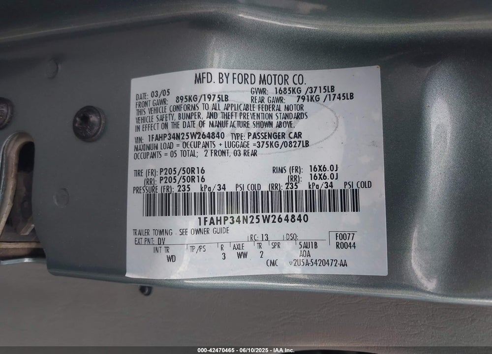 2005 FORD FOCUS ZX4 VIN: 1FAHP34N25W264840
