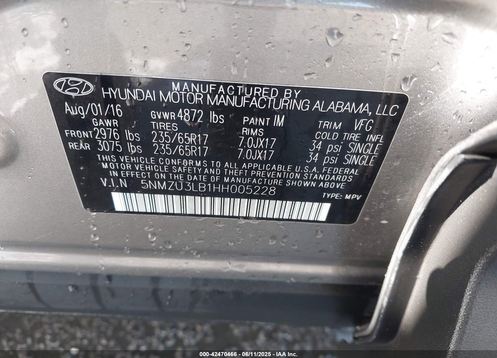 2017 HYUNDAI SANTA FE SPORT VIN: 5NMZU3LB1HH005228