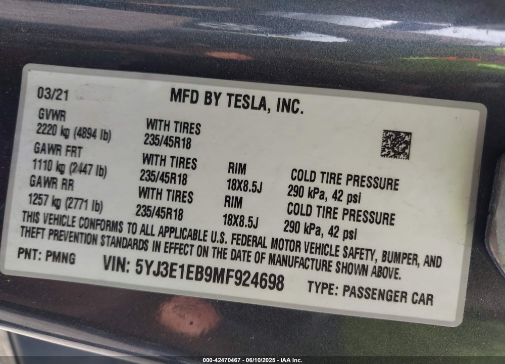 2021 TESLA MODEL 3 VIN: 5YJ3E1EB9MF924698