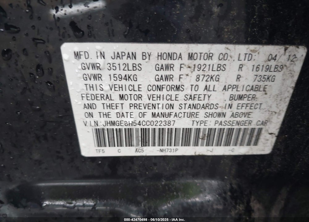2012 HONDA FIT VIN: JHMGE8H54CC022387