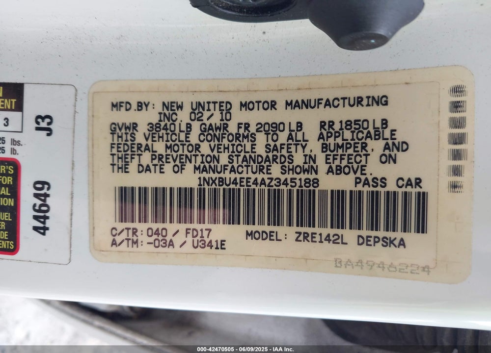 2010 TOYOTA COROLLA VIN: 1NXBU4EE4AZ345188