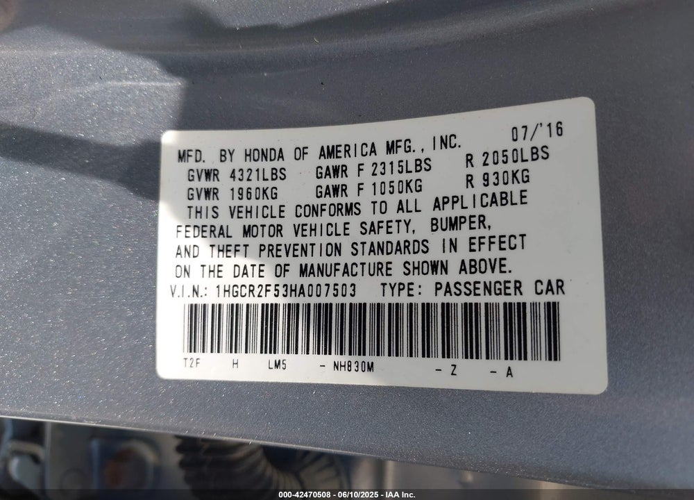 2017 HONDA ACCORD SPORT VIN: 1HGCR2F53HA007503