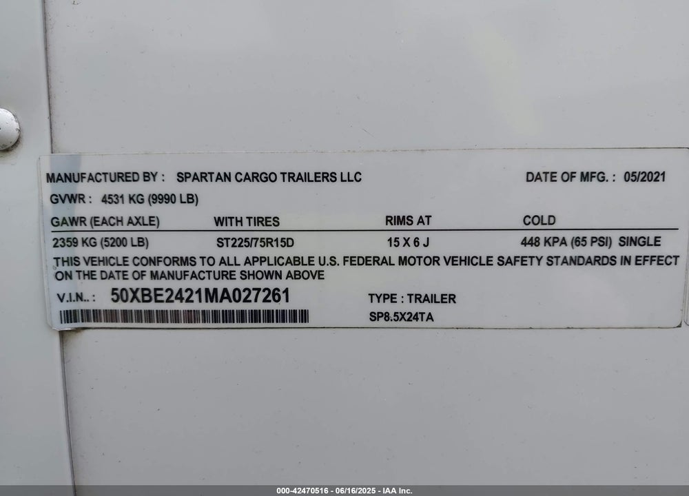 2021 SPARTA MANUFACTURING SP8.5X24TA VIN: 50XBE2421MA027261