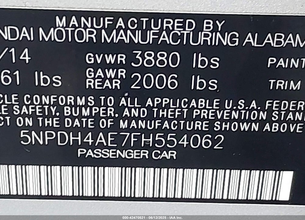 2015 HYUNDAI ELANTRA VIN: 5NPDH4AE7FH554062