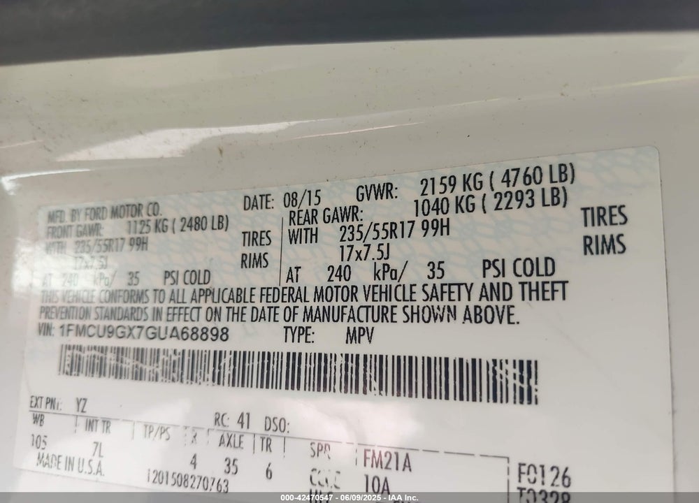 2016 FORD ESCAPE SE VIN: 1FMCU9GX7GUA68898