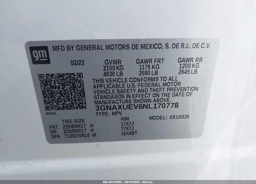 2022 CHEVROLET EQUINOX VIN: 3GNAXUEV6NL170778
