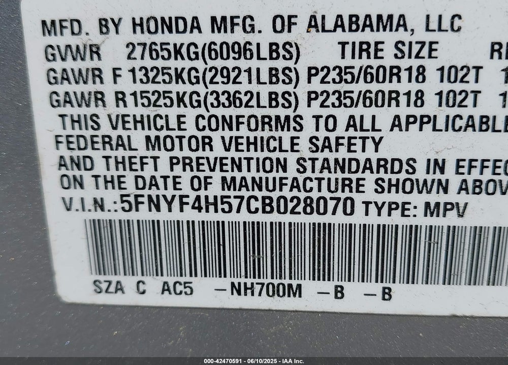 2012 HONDA PILOT EX-L VIN: 5FNYF4H57CB028070