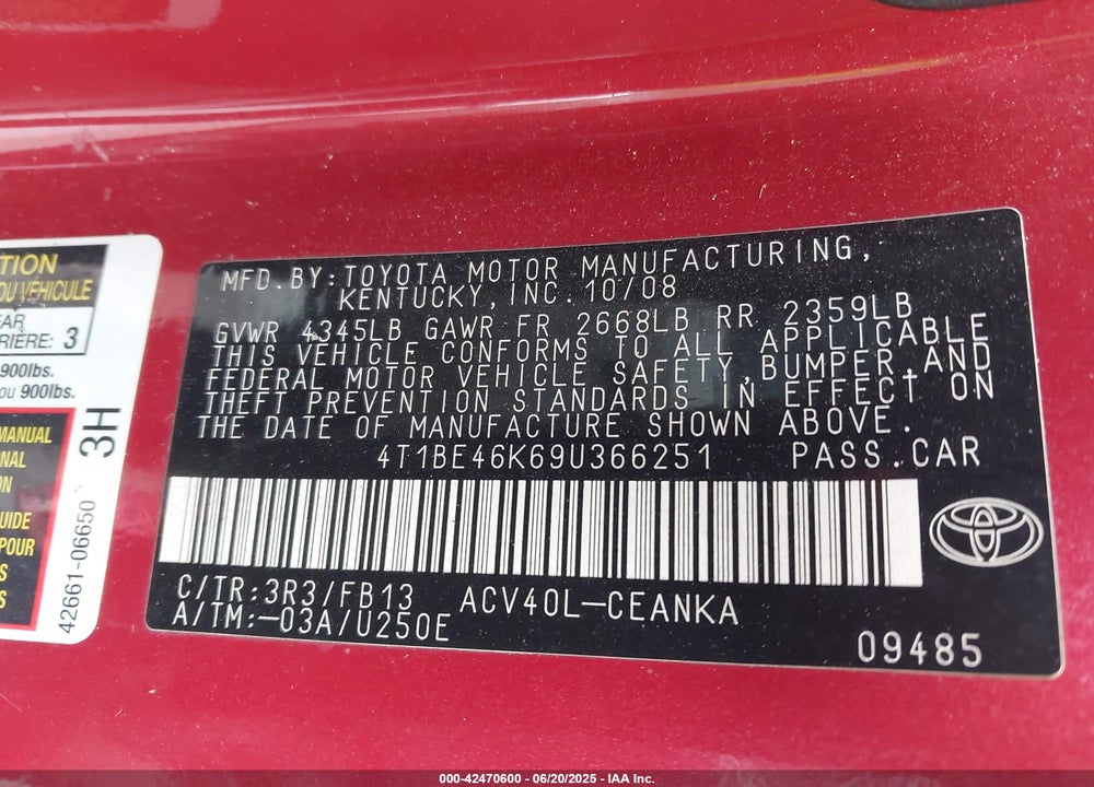 2009 TOYOTA CAMRY VIN: 4T1BE46K69U366251