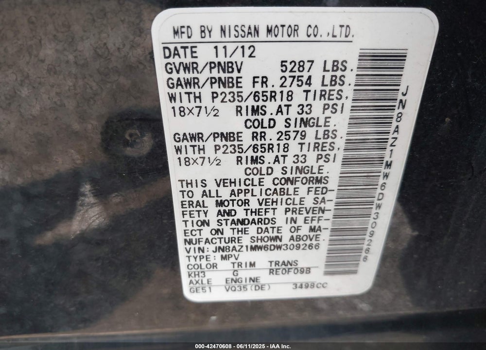 2013 NISSAN MURANO VIN: JN8AZ1MW6DW309266