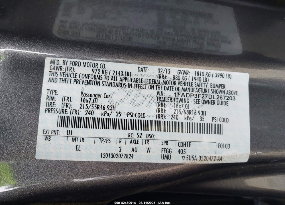 2013 FORD FOCUS VIN: 1FADP3F27DL267203