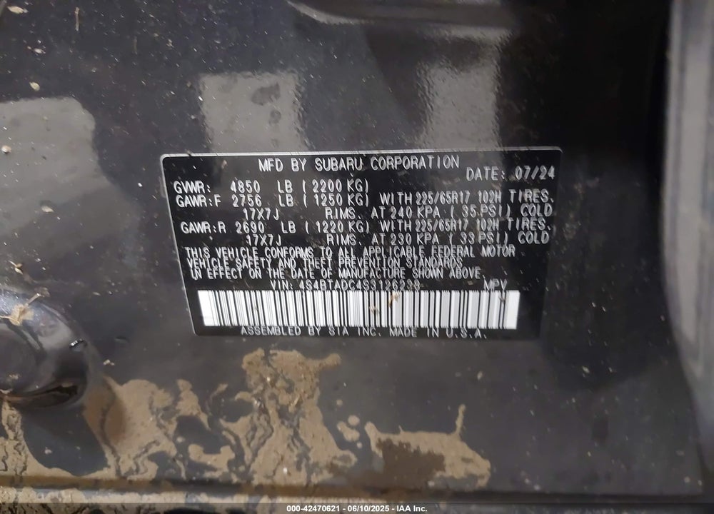 2025 SUBARU OUTBACK VIN: 4S4BTADC4S3126238