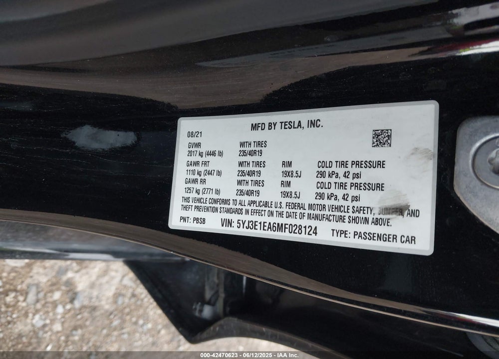 2021 TESLA MODEL 3 VIN: 5YJ3E1EA6MF028124