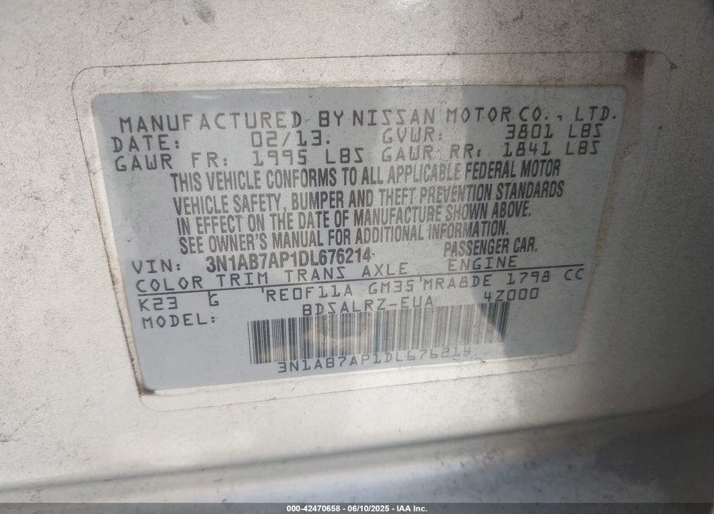 2013 NISSAN SENTRA SR VIN: 3N1AB7AP1DL676214