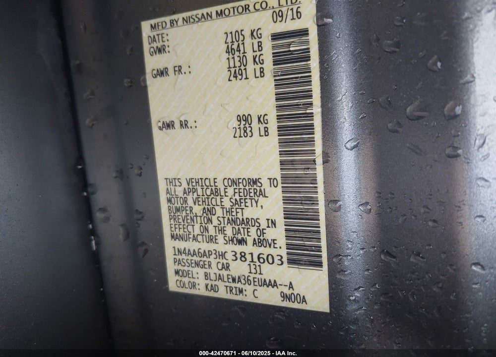 2017 NISSAN MAXIMA VIN: 1N4AA6AP3HC381603
