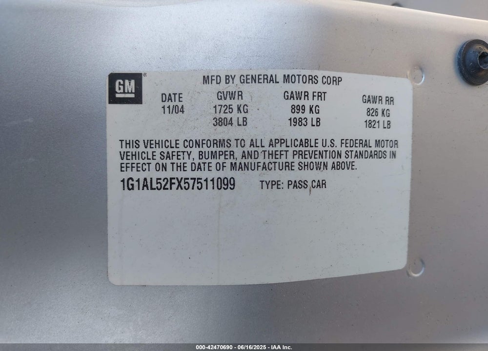 2005 CHEVROLET COBALT LS VIN: 1G1AL52FX57511099