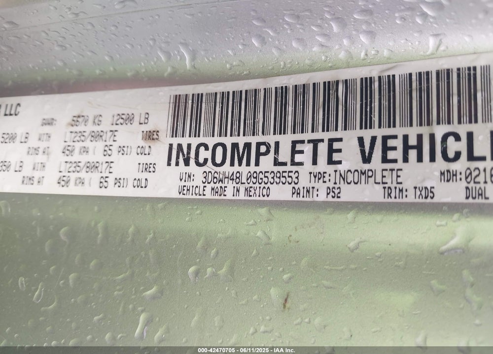 2009 DODGE RAM 3500 HD CHASSIS ST/SLT/LARAMIE VIN: 3D6WH48L09G539553