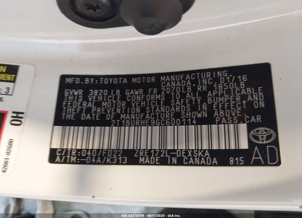 2016 TOYOTA COROLLA VIN: 2T1BURHE9GC600114