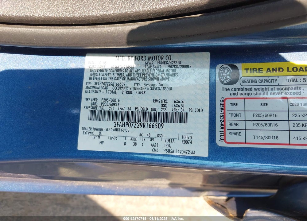 2009 FORD FUSION SE VIN: 3FAHP07Z29R166509