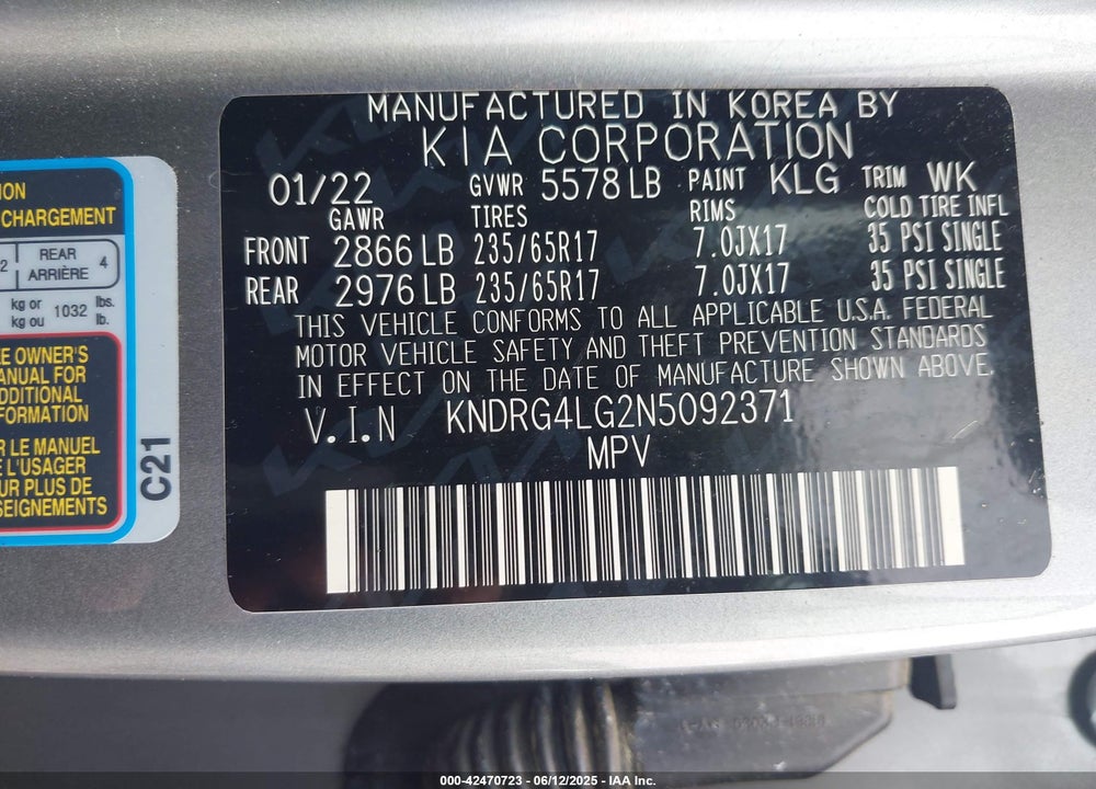 2022 KIA SORENTO HYBRID VIN: KNDRG4LG2N5092371