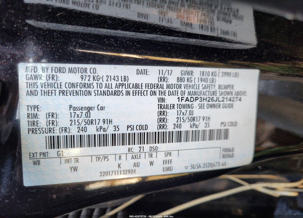 2018 FORD FOCUS VIN: 1FADP3H26JL214274