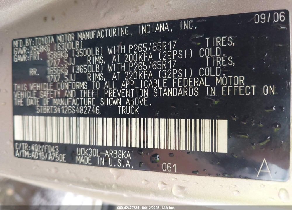2006 TOYOTA TUNDRA VIN: 5TBRT34126S482746