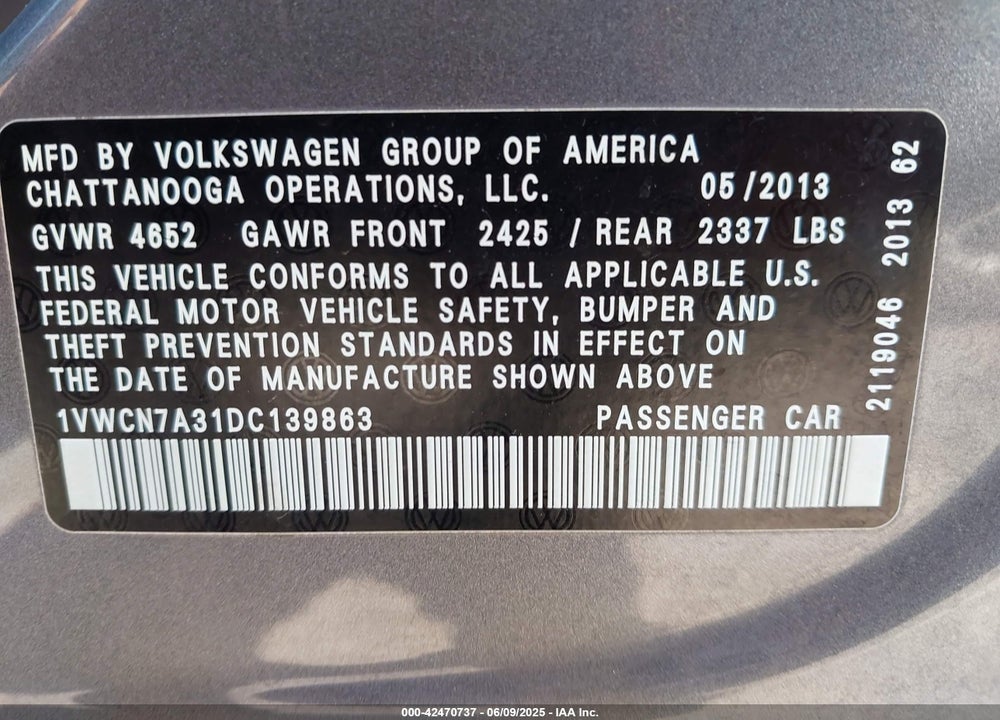 2013 VOLKSWAGEN PASSAT 2.0L TDI SEL PREMIUM VIN: 1VWCN7A31DC139863