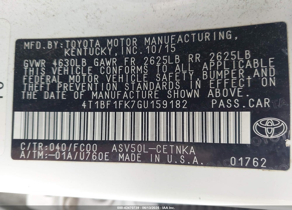 2016 TOYOTA CAMRY VIN: 4T1BF1FK7GU159182