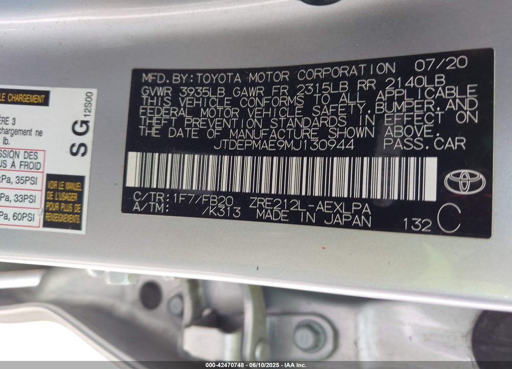 2021 TOYOTA COROLLA LE VIN: JTDEPMAE9MJ130944