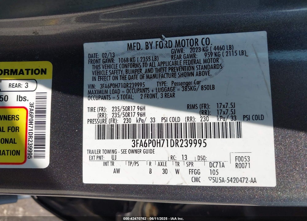 2013 FORD FUSION VIN: 3FA6P0H71DR239995