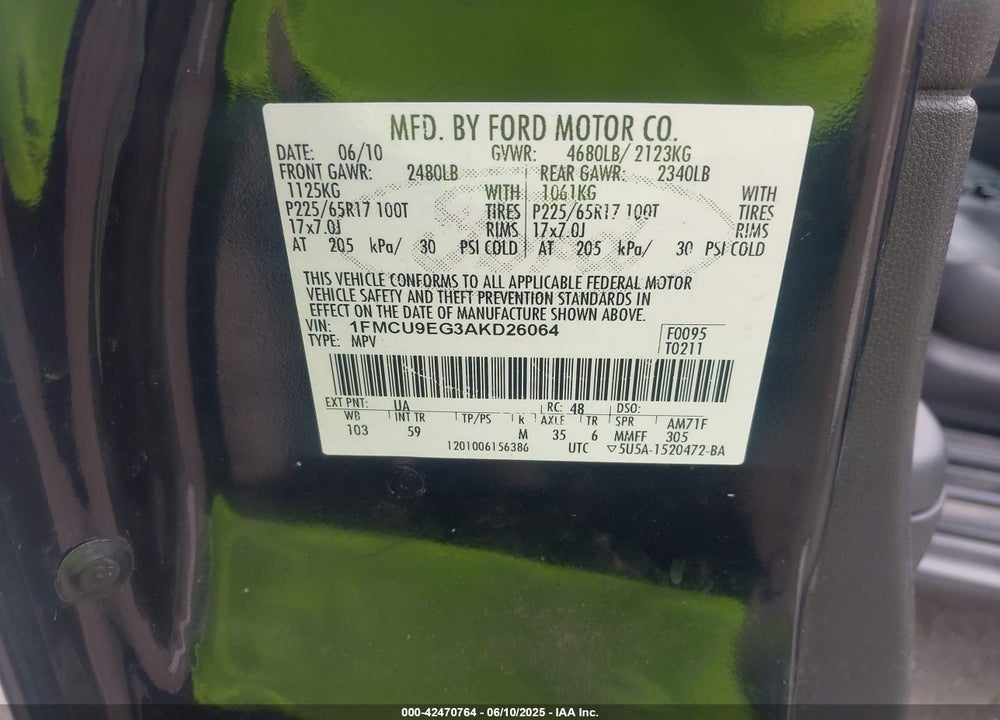 2010 FORD ESCAPE VIN: 1FMCU9EG3AKD26064