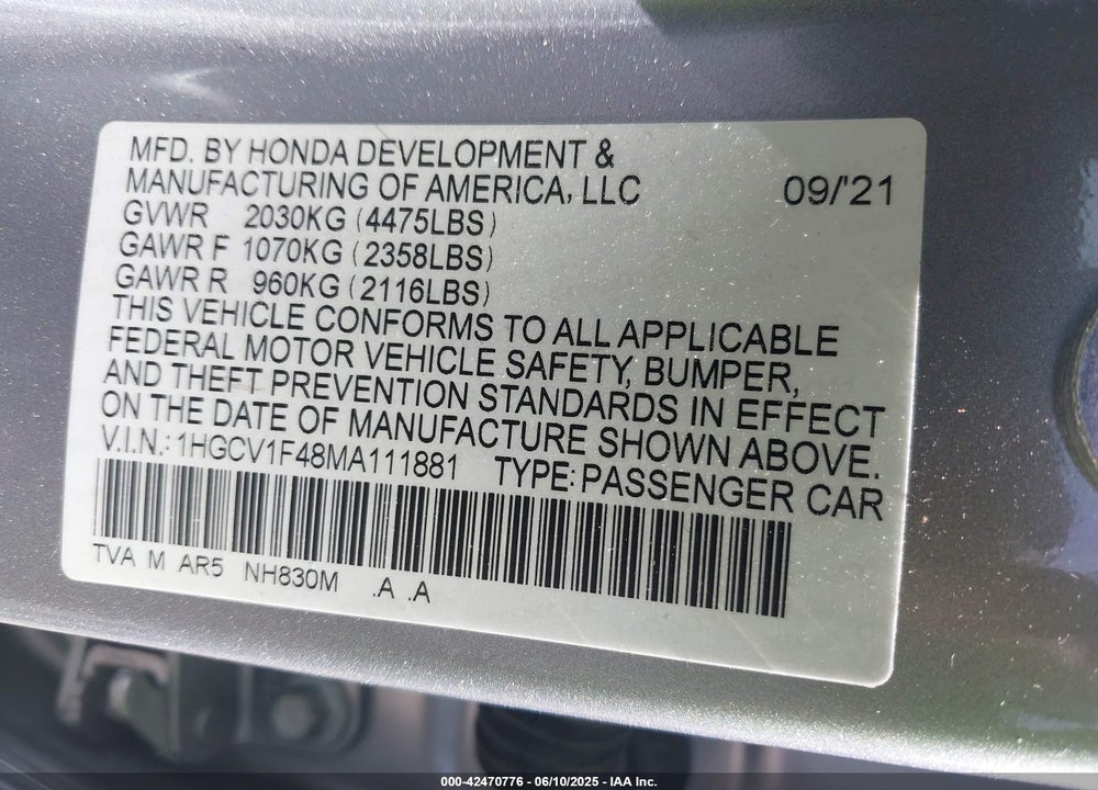2021 HONDA ACCORD VIN: 1HGCV1F48MA111881