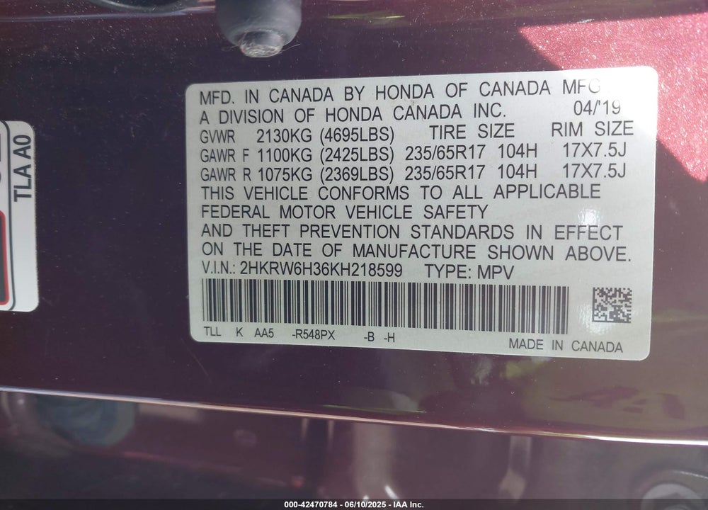 2019 HONDA CR-V VIN: 2HKRW6H36KH218599