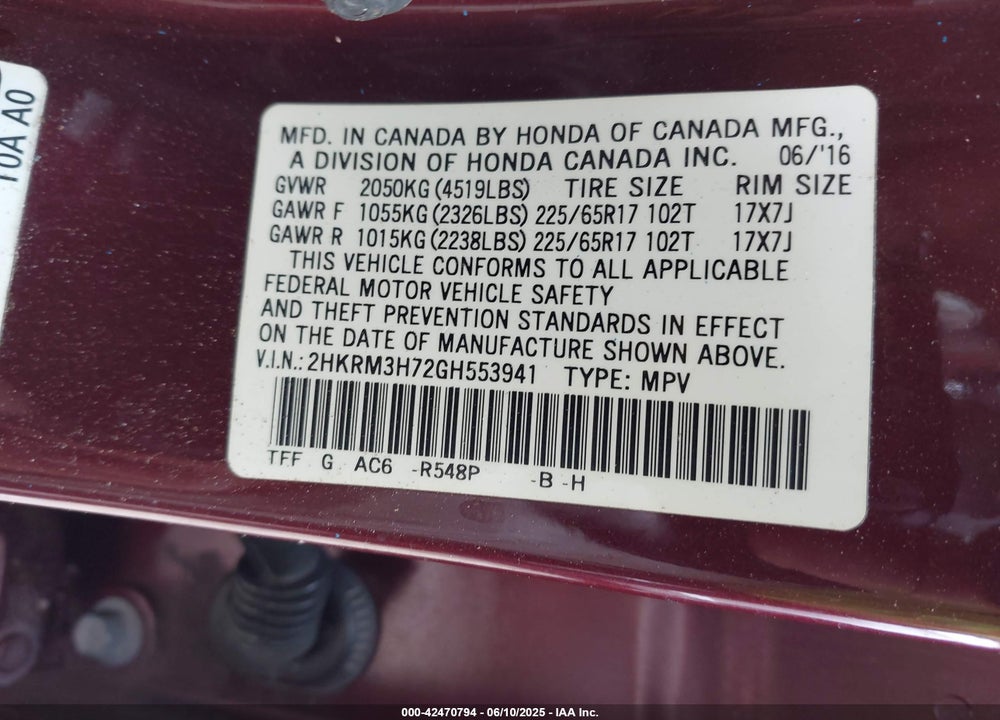 2016 HONDA CR-V VIN: 2HKRM3H72GH553941
