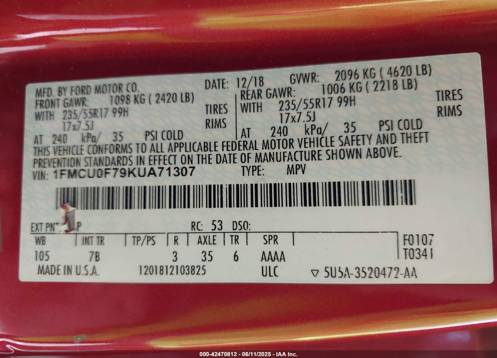 2019 FORD ESCAPE VIN: 1FMCU0F79KUA71307