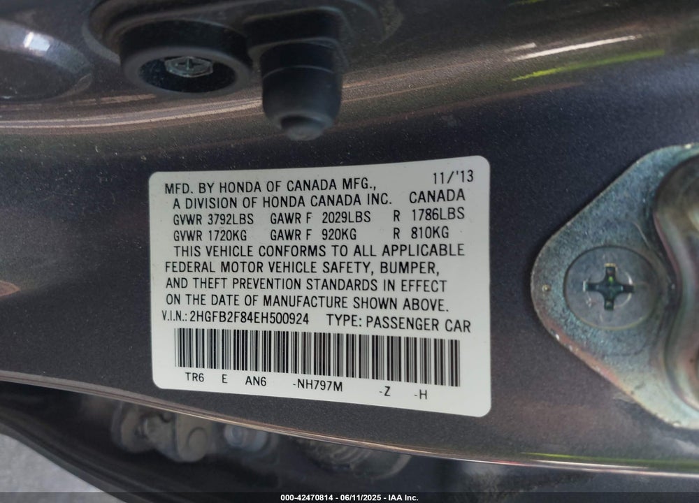 2014 HONDA CIVIC VIN: 2HGFB2F84EH500924