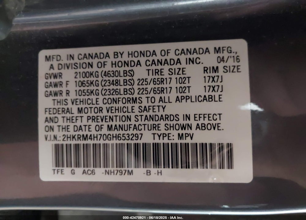 2016 HONDA CR-V EX-L VIN: 2HKRM4H70GH653297