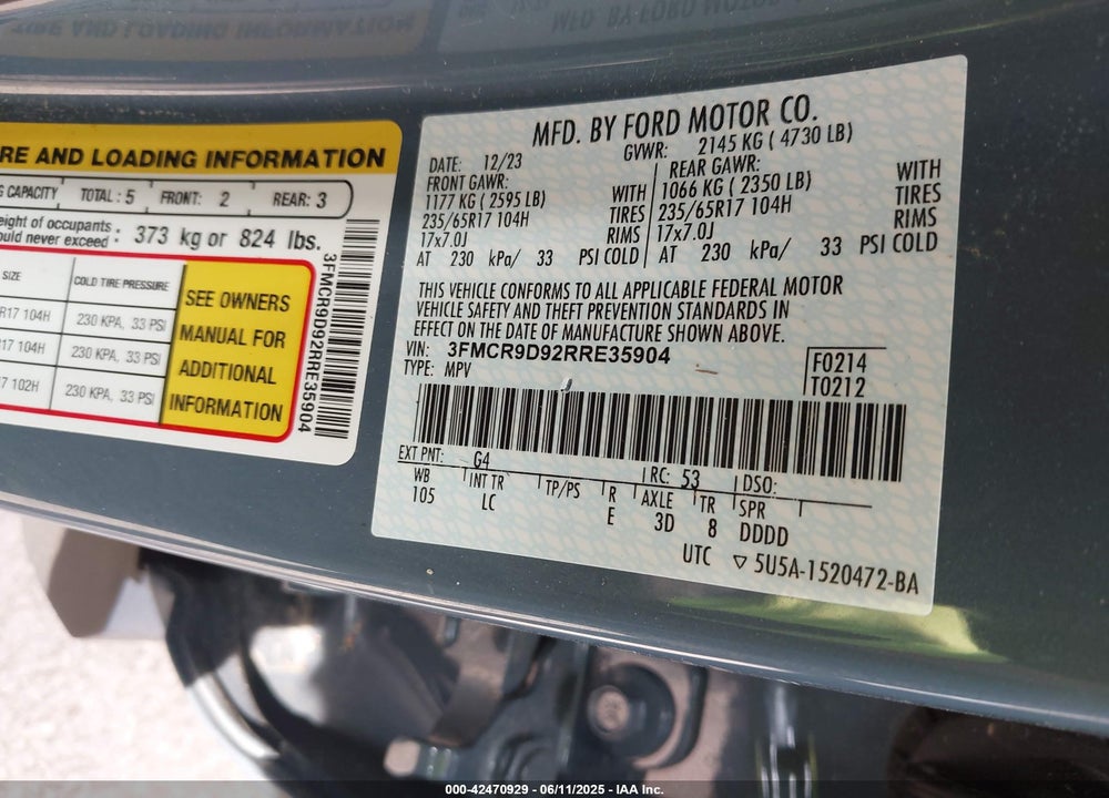 2024 FORD BRONCO SPORT VIN: 3FMCR9D92RRE35904