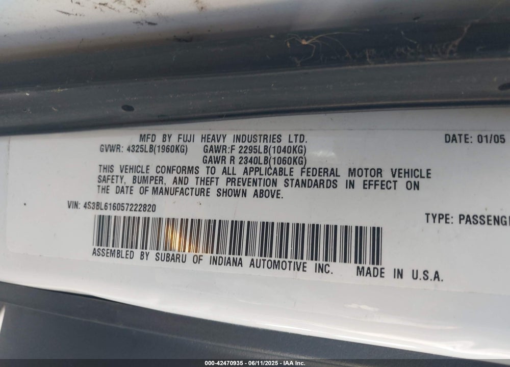 2005 SUBARU LEGACY 2.5I VIN: 4S3BL616057222820
