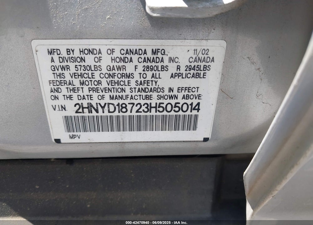 2003 ACURA MDX VIN: 2HNYD18723H505014