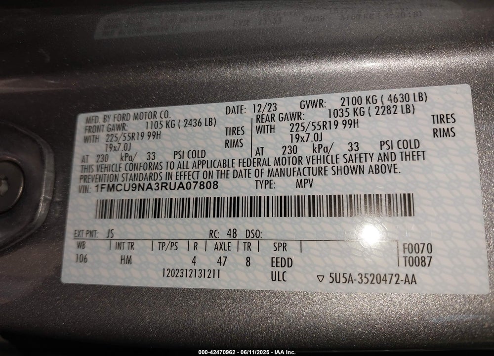 2024 FORD ESCAPE ST-LINE SELECT VIN: 1FMCU9NA3RUA07808