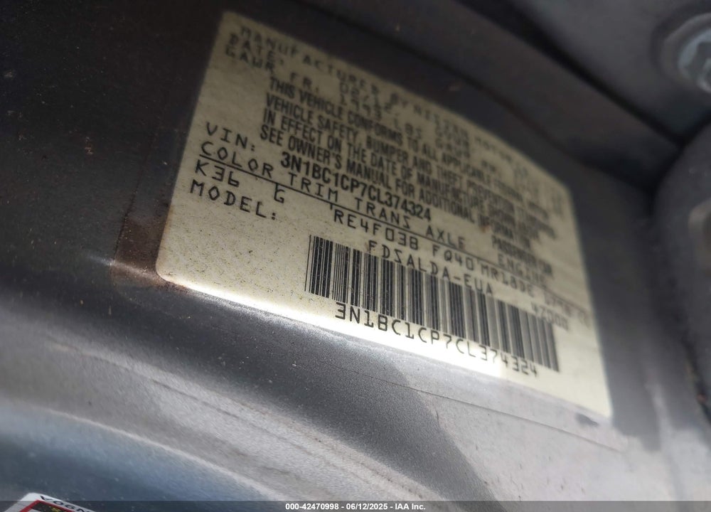 2012 NISSAN VERSA VIN: 3N1BC1CP7CL374324