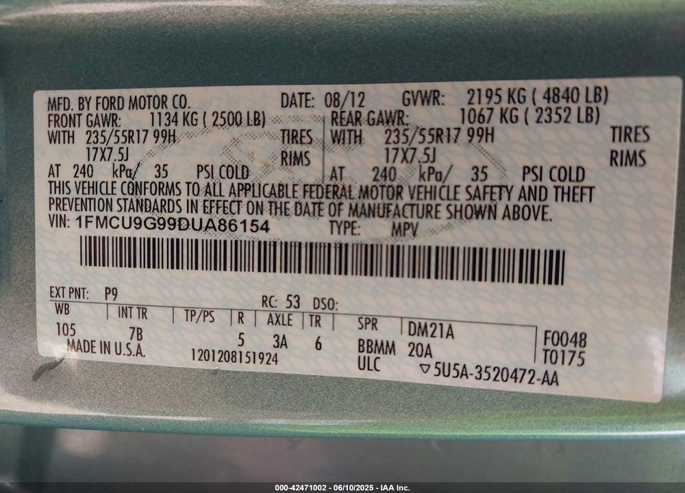 2013 FORD ESCAPE VIN: 1FMCU9G99DUA86154