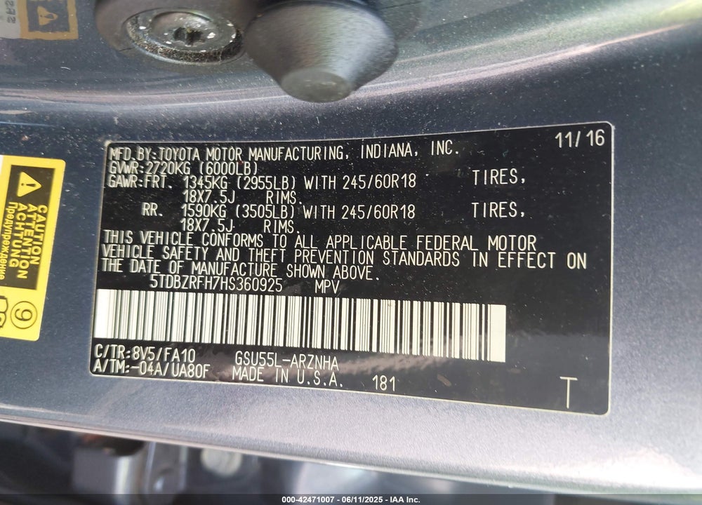 2017 TOYOTA HIGHLANDER VIN: 5TDBZRFH7HS360925