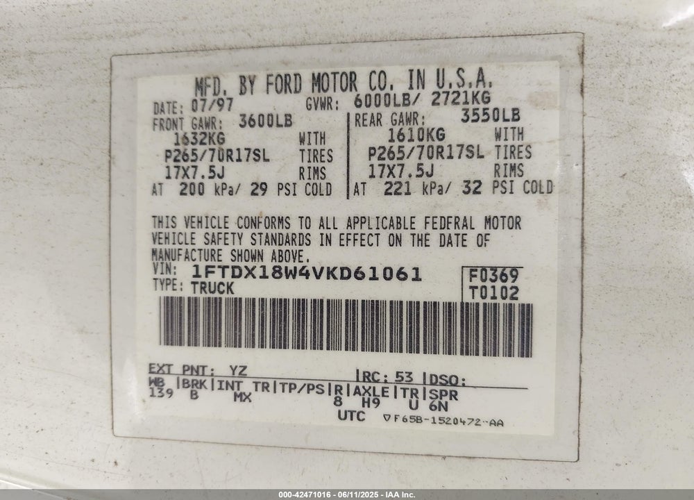 1997 FORD F-150 LARIAT/XL/XLT VIN: 1FTDX18W4VKD61061